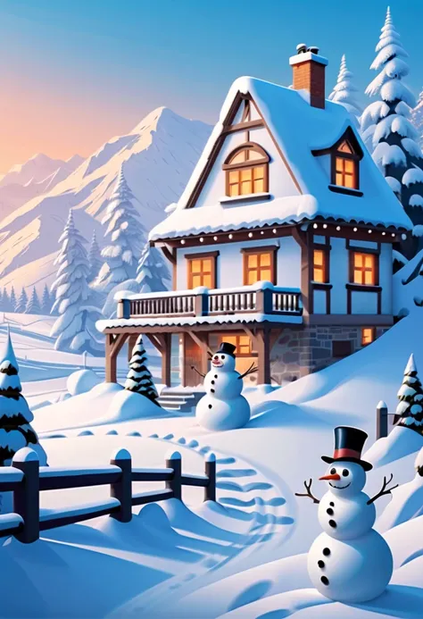 Imagine making a winter outing poster, the scene after the snow, snowman, house, high-definition picture quality, light color, flat illustration style, advanced color matching poster，