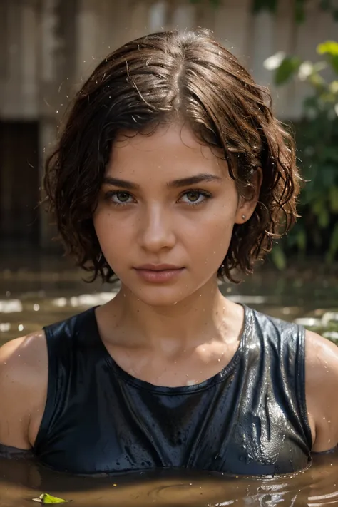 superbe fille africaine, curly hair, yeux bleus, hyper realistic, Wet shirt, in the mud, plantureuse poitrine, ornement au cou, boucle doreilles, percing au nez, en short, science fiction