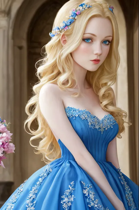 Realistic blonde woman with a blue gown and flowers in a castle with blue eyes and pale skin