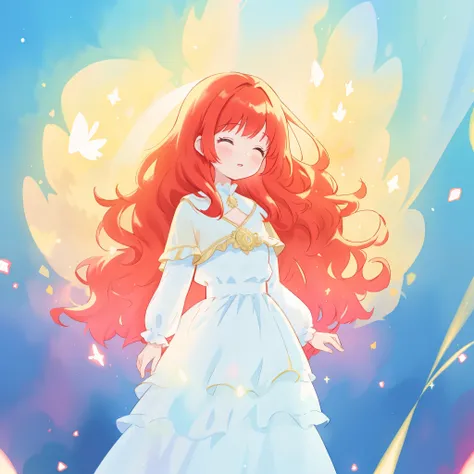 beautiful girl in puffy sparkling layered ballgown, ((multi-layered puffy ballgown)), long sparkling red hair, colorful fantasia background, watercolor illustration, glowing aura around her, glowing flowing hair, fantasia otherworldly landscape, beautiful,...