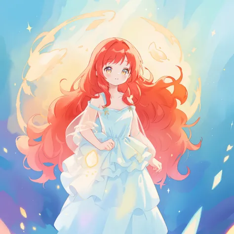 beautiful girl in puffy sparkling layered ballgown, ((multi-layered puffy ballgown)), long sparkling red hair, colorful fantasia background, watercolor illustration, glowing aura around her, glowing flowing hair, fantasia otherworldly landscape, beautiful,...