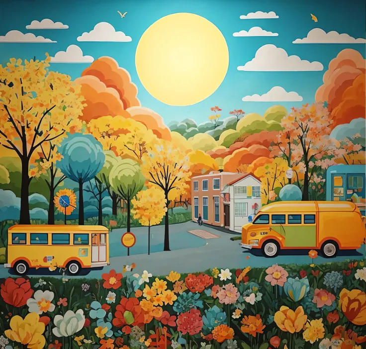 Painting of school bus and bus stop in rural environment, author：Yi Yinwen, by Lenny Lee, simple art, Colorful scenes, fall season, vibrant gouache painting scenery, Beautifully illustrated, beautiful retro art, Colorful illustration, A beautiful artistic ...