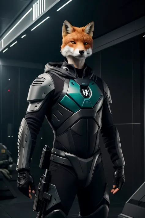 ((master part)),((melhor qualidade)), be ultra realistic Male hybrid humanized fox face with gills and fins ,guerreiro ,com ropa futurista brancas  com detalhes na cor laranja , with futuristic combat firearms in hands ready for attack, in a battle scenari...