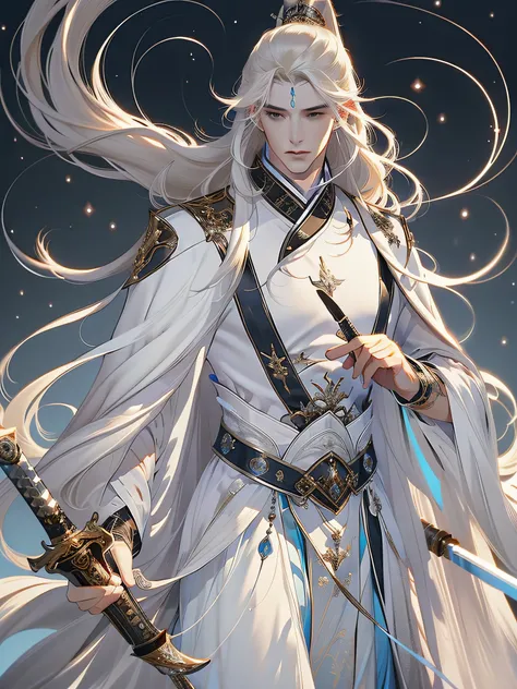 a handsome chinese man，（Whole-body proportions），style of anime，One guy（male warrior），（Long white hair）（Sword in hand）The proportions are correct，Face details，swordsman，High ponytail hairstyle，Neck details，（Black plush trim at shoulders），white business suit...