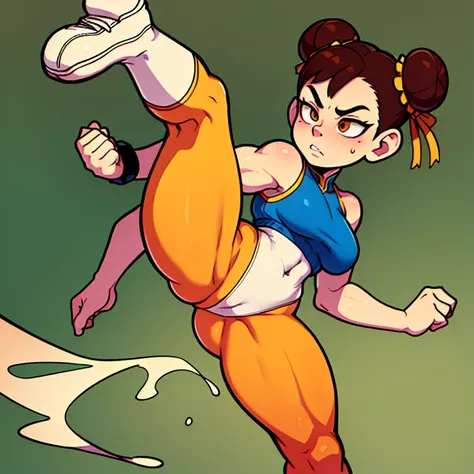 masterpiece, best quality, perfect face, perfect brown eyes with white sclera, bad-hands-5, solo, 1girl, kicking, fighting stance, brown hair, sneakers, double bun, yellow ribbon, muscular female, unitard, blue vest, blue pants, bare shoulders, covered abs...