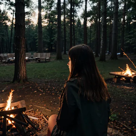 Dark in the forest with a brunette girl around a campfire being illuminated by it. a blonde girl stalking the brunette from behind a tree