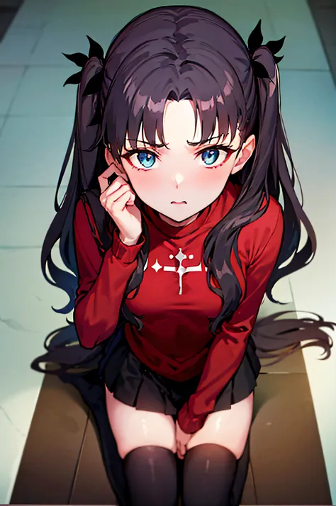 (masterpiece), best quality, expressive eyes, perfect face, 1girl, solo, rintohsaka, rin tohsaka, aqua eyes, black hair, hair ribbon, long hair, ribbon, sidelocks, two side up, black skirt, black thighhighs, long sleeves, miniskirt, pleated skirt, ((red sw...