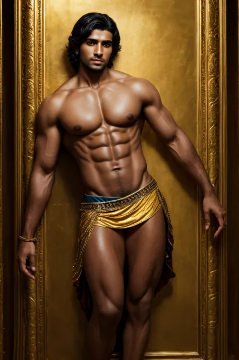 a man in a billowing gold chiffon male belly dance outfit is posing for a picture, handsome prince of persia, attractive male deity, brown skin man egyptian prince, beautiful androgynous prince, ashoka tano, delicate androgynous prince, hindu aesthetic, dj...