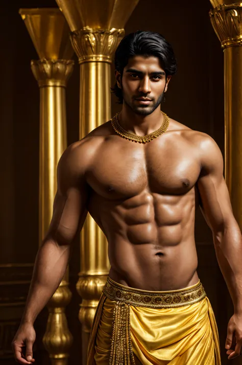 a man in a billowing gold chiffon male belly dance outfit is posing for a picture, handsome prince of persia, attractive male deity, brown skin man egyptian prince, beautiful androgynous prince, ashoka tano, delicate androgynous prince, hindu aesthetic, dj...