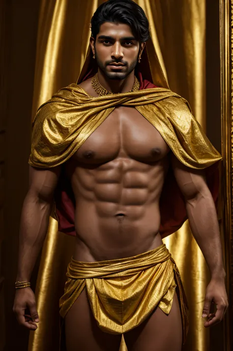 a man in a billowing gold chiffon male belly dance outfit is posing for a picture, handsome prince of persia, attractive male deity, brown skin man egyptian prince, beautiful androgynous prince, ashoka tano, delicate androgynous prince, hindu aesthetic, dj...