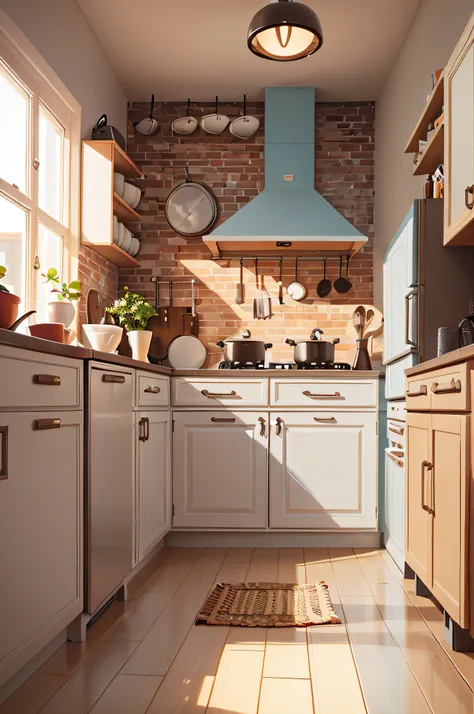 A scene，European kitchen，the ground，The camera is facing the ground and looking up