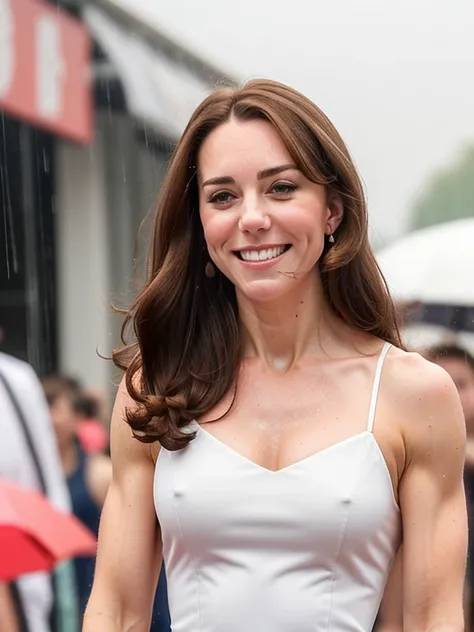 Kate, ripped muscle, muscular body, pale skin, smile(blush), sundress, [ultra detailed skin:1.2], 8k uhd, full body, stand, sweat, cum on face, crowd, public, rain,