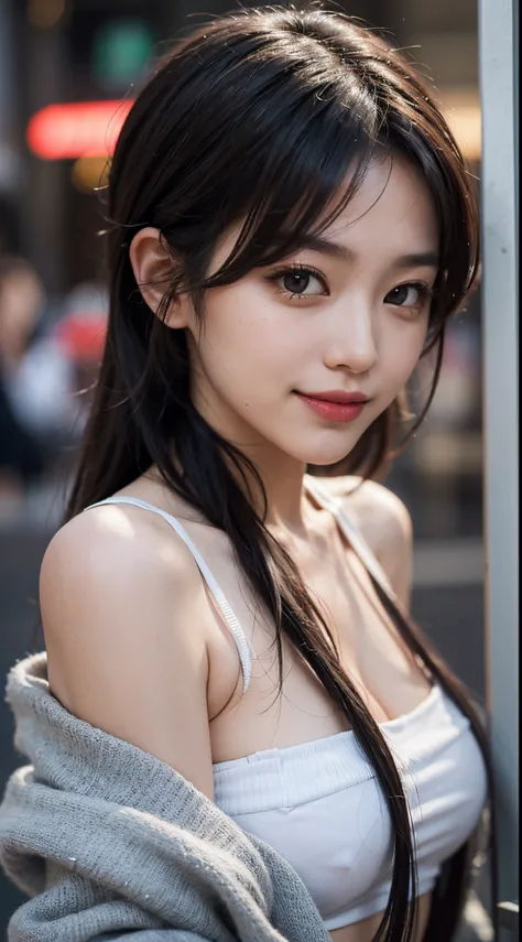 1girl in、Streets of Tokyo、natta、A city scape、city light、The upper part of the body、a closeup、8K、Raw photography、top-quality、​masterpiece、realisitic、Photorealsitic、poneyTail,sexy lip,disheveled hair,Lovely smile,