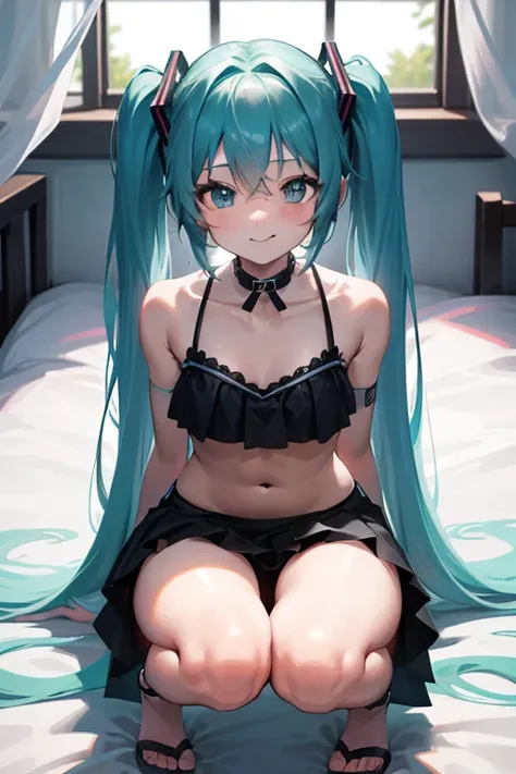 miku hatsune、top-quality、Cute Bikini、Black sexy panties、Squatting on the bed、Short cute skirt、kindly smile、Short Cute Check Skirt、Underwear、M-shaped legs