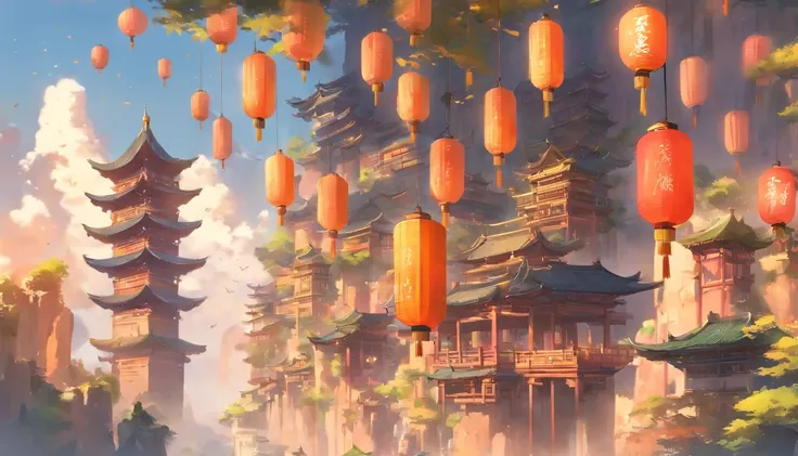 architecture, chinese architecture, landscapes,  pylons, plein air, 天空, Round lanterns, 云, a bird, 建筑, The tree, is standing, mont, hold ing, Multiple people々, tag, ​masterpiece, top-quality,