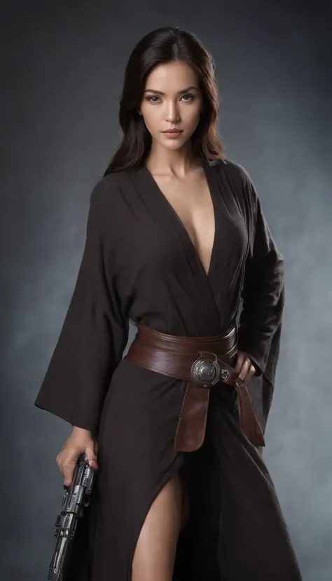 Concept art of a female human Jedi knight.,(asian)., Star Wars, slender body, Black hair blowing in the wind., Jedi robes and robes, black belt,(macbook), high-detail, Create a shock, Star Wars concept art,