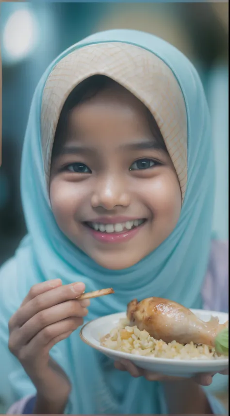 12 years old little malay girl in pastel light blue hijab hold and eat roasted chicken drumstick happily, front view, smile, happy, light blue kitchen background, bokeh, ray lighting, style raw, pastel color grading, Super 8mm lens, close-up, Deep Focus ci...