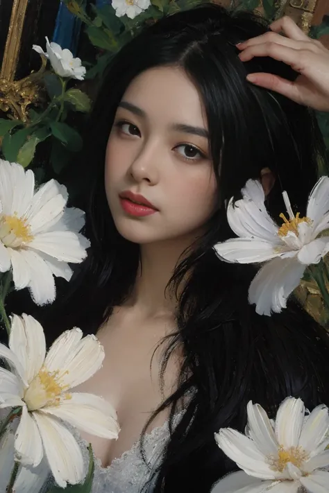 (oil painting:1.5),

a woman with long black hair and white flowers in her hair is laying down in a field of white flowers, (amy sol:0.248), (stanley artgerm lau:0.106), (a detailed painting:0.353), (gothic art:0.106)