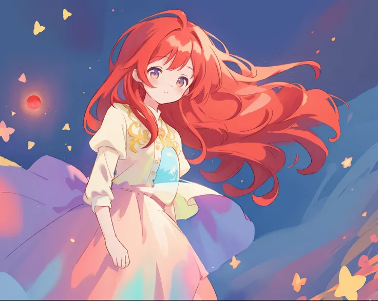 beautiful girl in puffy layered ballgown, puffy layered tutu skirt, long flowing red hair, colorful fantasia background, watercolor illustration, glowing aura around her, glowing flowing hair, fantasia otherworldly landscape, beautiful, masterpiece, best q...