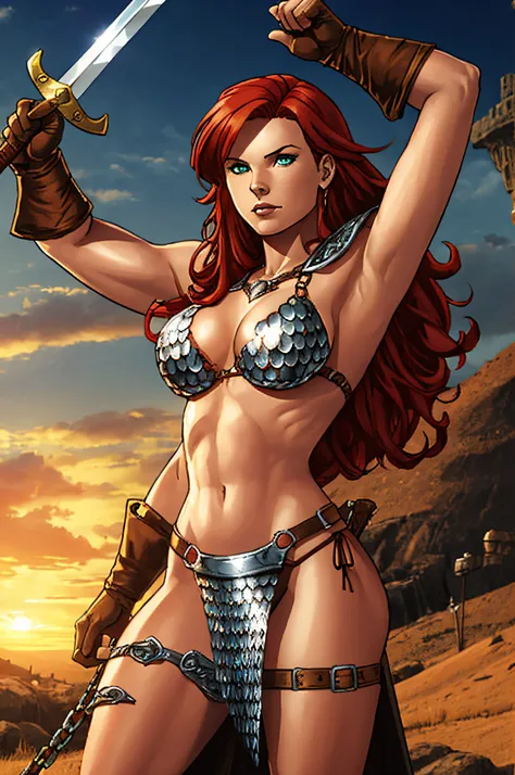 (high fantasy battlefield background), (sword and sorcery), wartorn environment, red hair, long red hair, thigh strap, armor, chainmail, armored bikini, brown gloves, red sonja, green eyes, showing armpits, raised arms, arms up, arms behind head, posing, s...