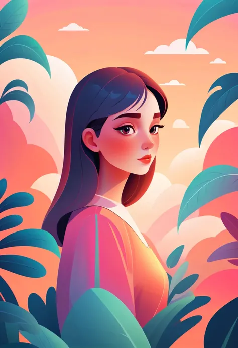 lovely girl,Flat-style characters with smooth lines and transparent, Inspired by choomoranma，dreamy colors，Flat illustration