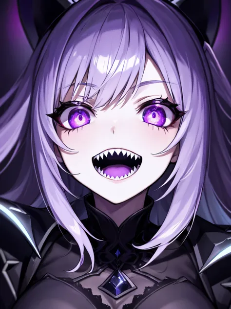 1girl , night hunter, glowing violet eyes, night, sharp teeth, open mouth, mischivous smile, scary, close up hard lighting, best quality, intricate, highly detailed, masterpiece,