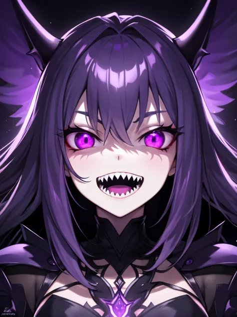 1girl , night hunter, glowing violet eyes, night, sharp teeth, open mouth, mischivous smile, scary, close up hard lighting, best quality, intricate, highly detailed, masterpiece,