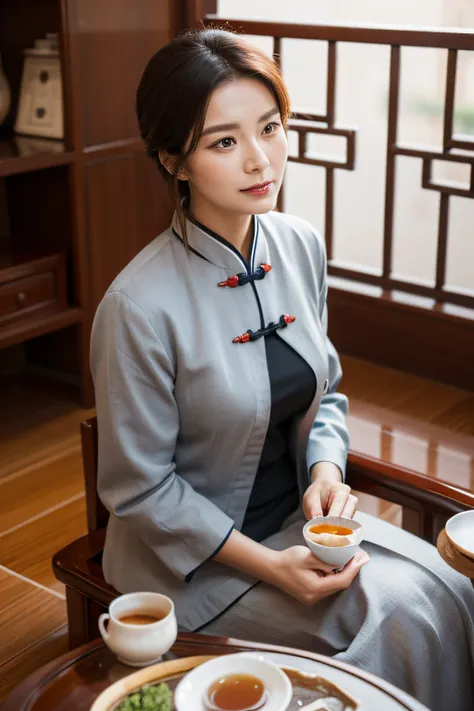 A successful business woman around fifty years old is sitting and enjoying the Chinese tea ceremony with wise eyes