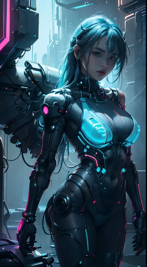 bikini of ,Girl in a swimsuit，dress up sexy，future techwear，Mechanical prosthesis，Mechanical skeleton，  natta， Abandoned cyberpunk city， Neon Billboard， Better image quality， Maximum clarity and clarity， Ultra-realistic realism， high detal， Afophialism，con...