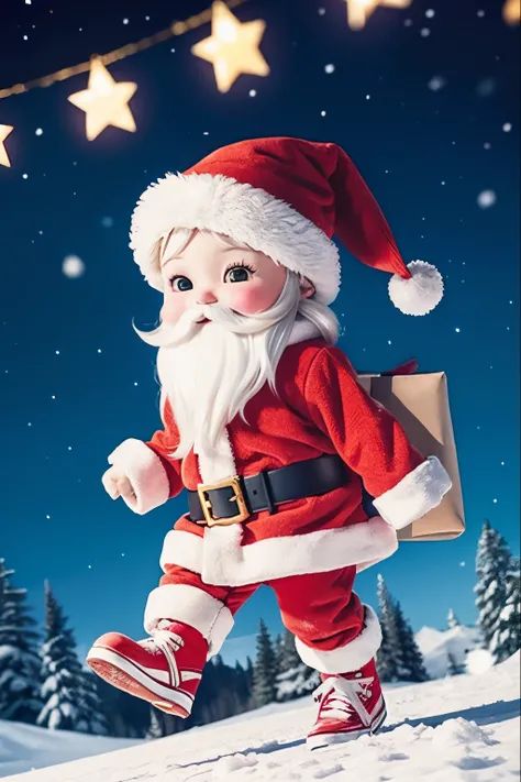 Santa Claus happily carrying presents、Santa is a pretty girl、Chibi Doll、Stars in the eyes（kirakira）、Eye Up、Laugh、Cute red shoes、foco nítido, Ultra Detail, radiant light、bio luminescent、snowscape、Its snowing、Snowboard Riding、Draw a large snowflake in the fo...