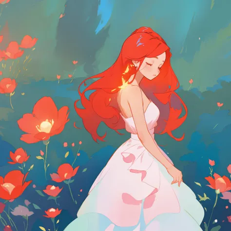 beautiful girl in puffy layered ballgown, puffy layered tutu skirt, long flowing red hair, colorful fantasia background, watercolor illustration, glowing aura around her, glowing flowing hair, fantasia otherworldly landscape, otherworldly beautiful red flo...