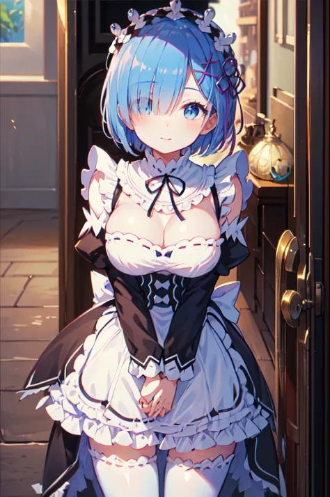 hairstyle is short bob、The right eye is hidden、Blue hair、Blue eyes、maid clothes、Pink ornament on the left side of the head、White Brim、white stockings、mansion、A slight smil、At work、1人の女性、large full breasts、to stand
