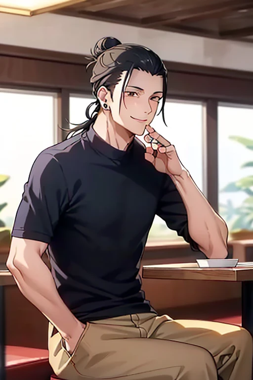 man, getou, with Fukagawa-Meshi plate, smiling, ((brown eyes)), ((black hair tied in a bun)), ((height 1 meter and 90 centimeters)), muscular abdomen, muscular body, broad shoulders , casual wear, round piercing, ((sitting in restaurant)), front view, grea...