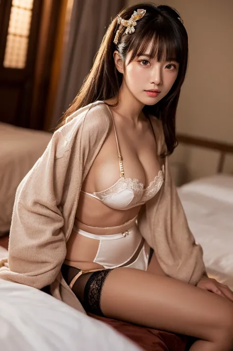 (8K、RAW Photography、top-quality)、(realisitic、Photorealsitic:1.37)、女の子1人、japanes、23years old、femele、during night、(Realistic, Photorealistic: 1.37), (Face Focus: 1.1), Cute face, ,Upper eyes、sexy body,hair ornament on dark brown hair（bow ribbon）、long hair bo...