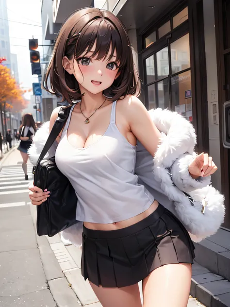 Female college student running wild during the day、((Cute female college student wearing fluffy autumn clothes))、delicate clothing、Delicate hair、Brown hair with beautiful cuticle、Glossy brown hair、a miniskirt、Short middle hair、(Sexy cleavage)、Delicate wrin...