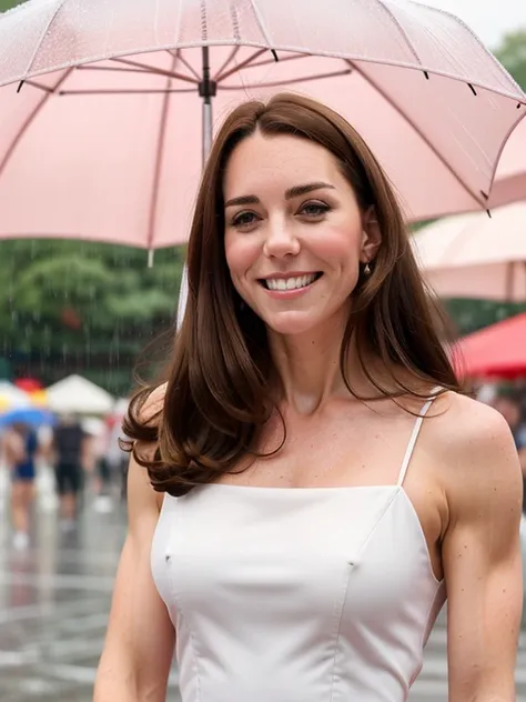 Kate, ripped muscle, muscular body, pale skin, smile(blush), sundress, [ultra detailed skin:1.2], 8k uhd, full body, stand, sweat, cum on face, crowd, public, rain,