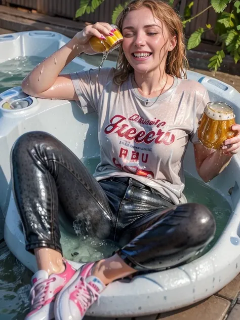 30 year old woman next door, strawberry blonde hair, freckles, (plain gray t-shirt)), faded jeans, black sneakers, bathing in extra large outdoor hot tub, (sitting in extra large tub), soaking wet, wet hair, show sneakers in tub, inviting smile, wet t-shir...