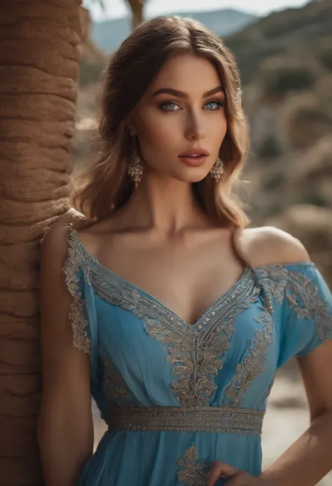 A poised and alluring woman with captivating blue eyes, resembling the ultra-realistic Sophie Mudd. She wears natural makeup, exudes a sexy charm in a short dress, and poses in Greece setting with a prominent bust.