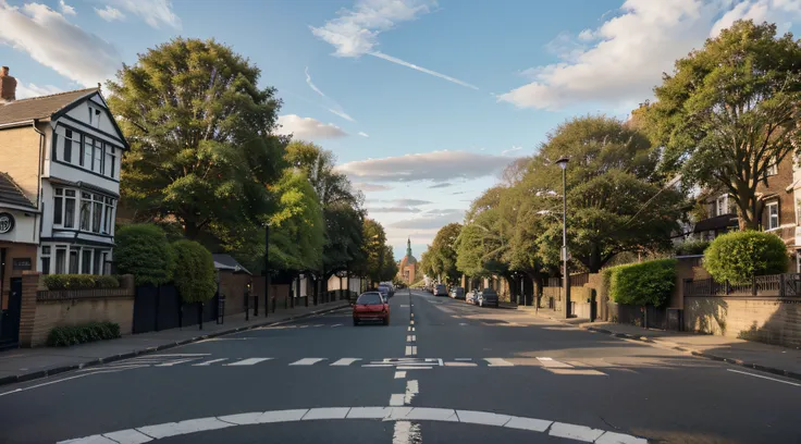 size1920pixel*1080pixel,Abbey Road, a quiet residential street in England with sparse rows of low-leafed street trees on both sides of a one-lane, two-sided street. A red double-decker bus can be seen in the distance. It is a clear day, and the surrounding...