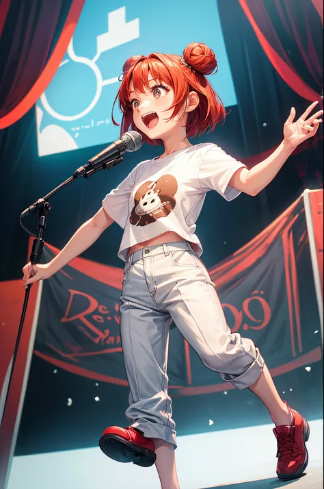 Cute girl, solo, dont use the microphone, red hair, short hair, double bun, 7 years old, singing, Ghibli style, picture book style, illustration, full body, white background, Houndstooth Pants, t-shirt, singing,CnCGDIAI Fortress