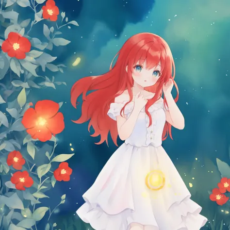 beautiful girl in puffy layered ballgown, puffy layered tutu skirt, long flowing red hair, colorful fantasia background, watercolor illustration, glowing aura around her, glowing flowing hair, fantasia otherworldly landscape, otherworldly beautiful red flo...