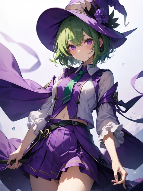 top-quality、extremely delicate and beautiful、(A teenage girl)、Purple Eye、Green hair、short-haired、(purple witch hat)、Purple tie、Soio、shortsleeves、Purple skirt、Purple Wizard Robe、Navel、is standing、Facing the front、