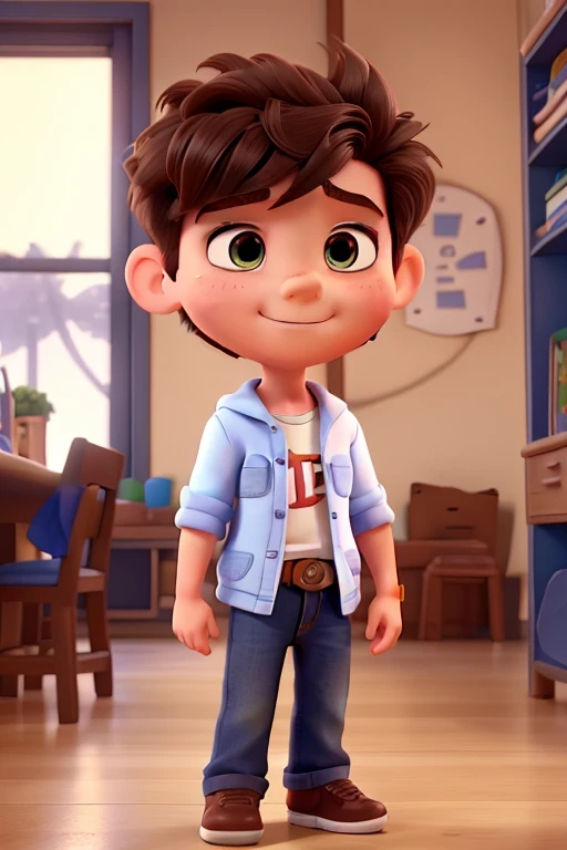 Image of a boy for a story in a YouTube video in Pixar format, Hes the little allabester, Hes the class leader, Hes outgoing, Playful and gets up for a lot of things, cabelo curto