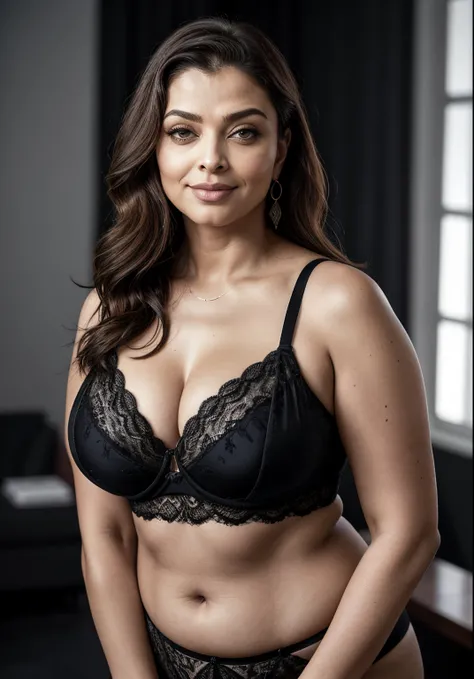 Sexy 50 year old curvy milf Aishwarya Rai, lingerie de renda preta, parte superior nua do corpo, rabo de cavalo cabelo amarrado, seios nus surgindo, posando na sala de estar, dia ensolarado brilhante, rosto sedutor, Look at a camera and smile, erotic adult...