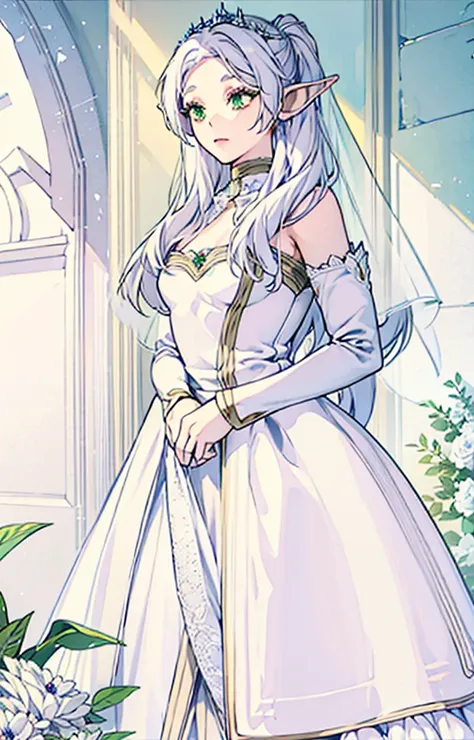 Frieren, super long white hair, green eyes, elf ears, wearing white wedding dress, wedding veil, holding blue flower bouquet , soft smile, medium breast