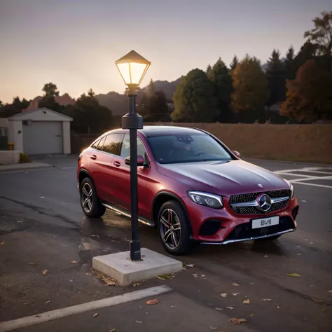 A dark burgundy car is parked in the parking lot next to a street lamp., Mercedes Benz, GLC Coupe, vehicle photography, Mercedes, car photography, A bright light masterpiece, car commercial photograph, auto photography, car photography, taken with sony alp...