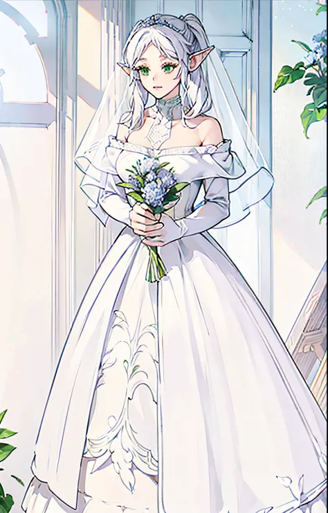 Frieren, long white hair, green eyes, elf ears, wearing white wedding dress, wedding veil, holding blue flower bouquet , soft smile, medium breast