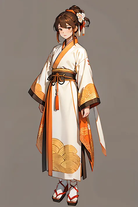 high quality, 4k, hanfu, white and orange hanfu, long brown hair girl , facing front ,ponytail hairstyle ,flat background, chinese pattern background, full body, character design