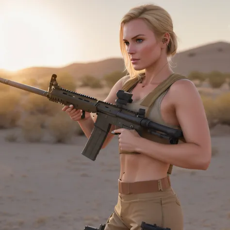 blond woman in a tank top holding a rifle in a desert, with rifle, cinematic —ar 16:9, carrying a rifle, holding a rifle, quiet from metal gear solid v, holding rifle, holding a mp7, beautiful female soldier, military girl, holding ar-15, quiet from metal ...