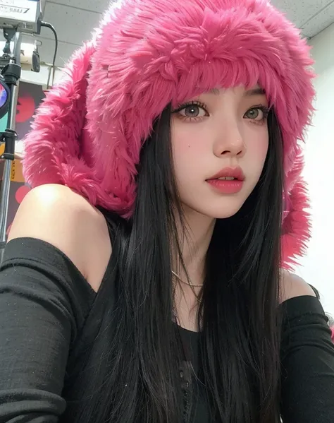 chica araffe con cabello largo y negro con un peludo sombrero rosa., jossi de blackpink, blackpink jennie, retrato de jossi de b...